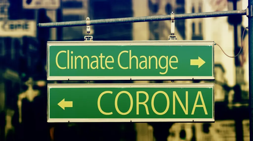 Straßenschild mit Aufschrift Climate Change und CORONA