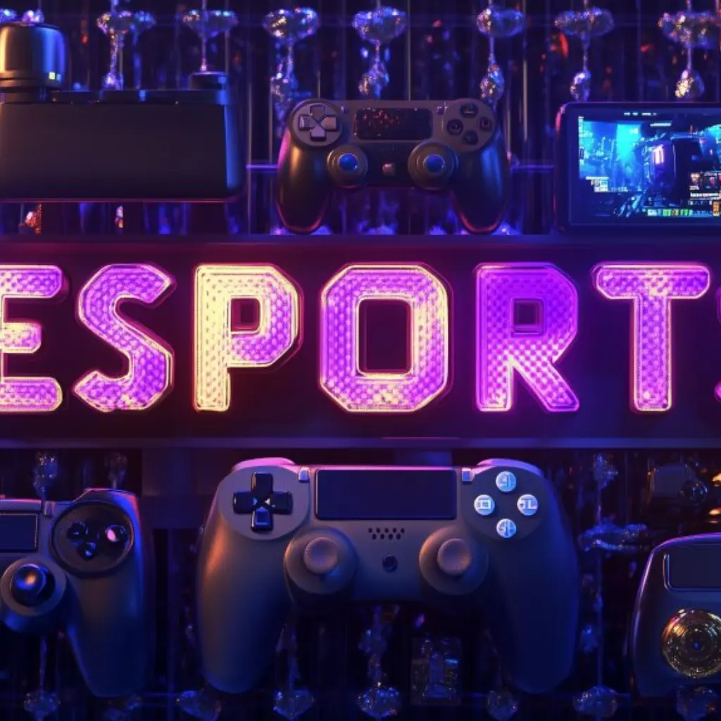 Ein Stockbild von mehreren Controllern in der Mitte steht in leuchtender Schrift ESPORTS.