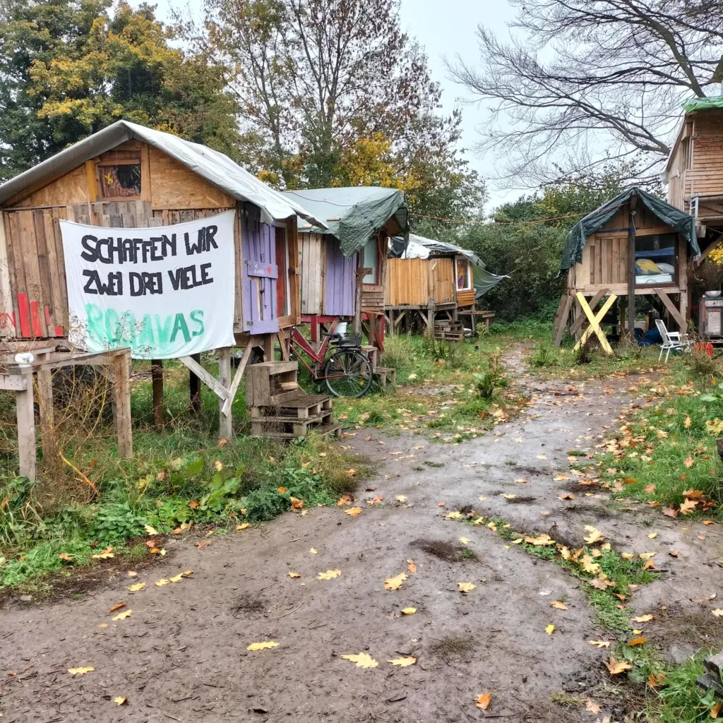 Häuser, die die Aktivist*innen aus Paletten gebaut haben, um dort zu wohnen.