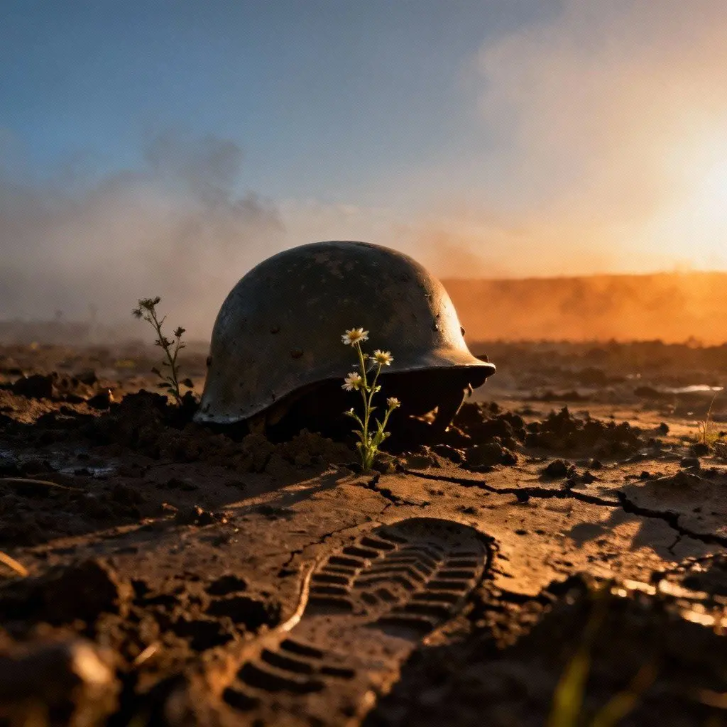 Ein Militärhelm liegt in einer Wüste, drumherum wachsen zwei kleine Blumen, die Sonne geht im Hintergrund unter